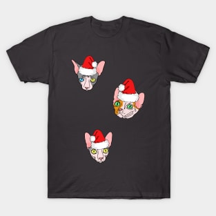 christmas sphynx (naked cat) on blue T-Shirt